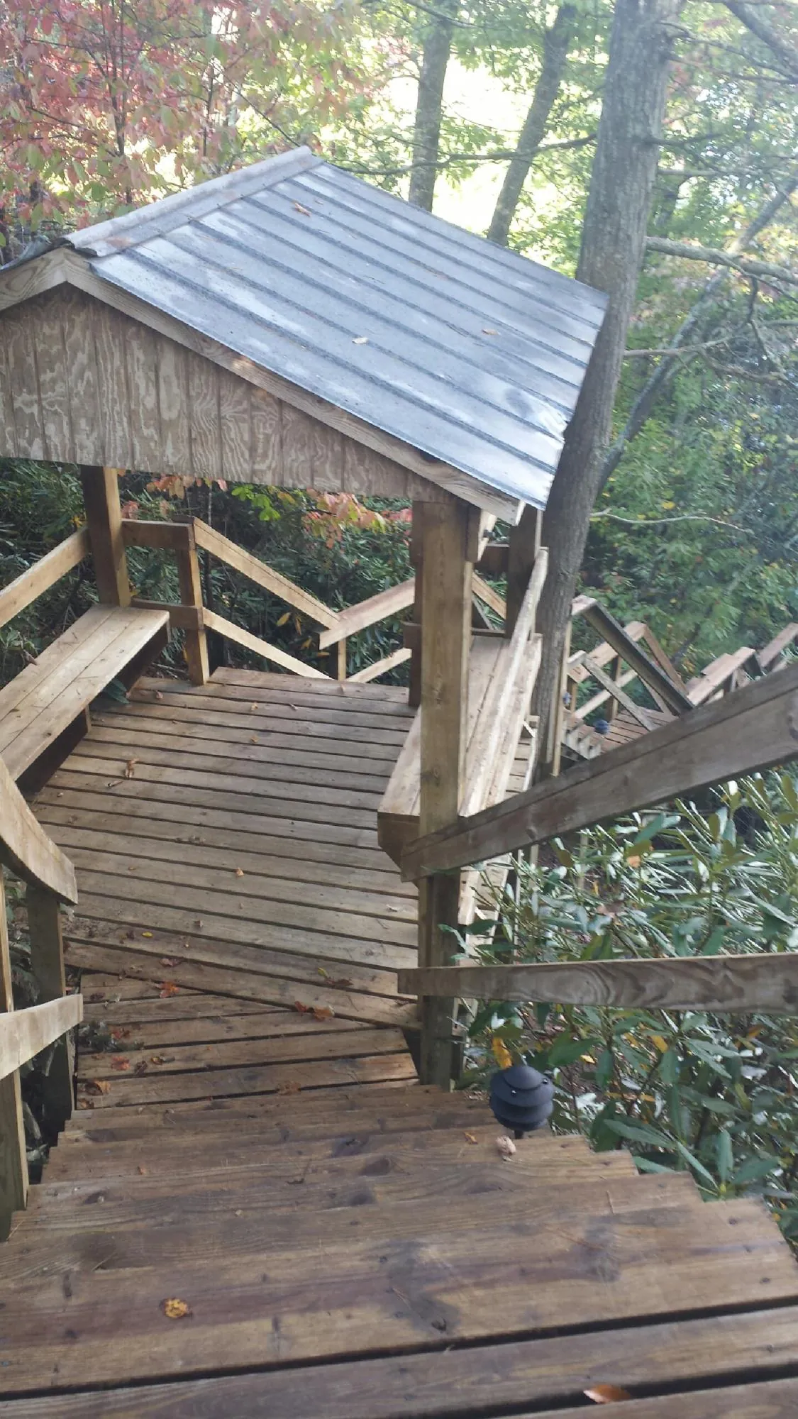 Metal roofed shelter over wooden steps on a wooded walkway — Skylight Repair & Installation work by our crew in Foxburg